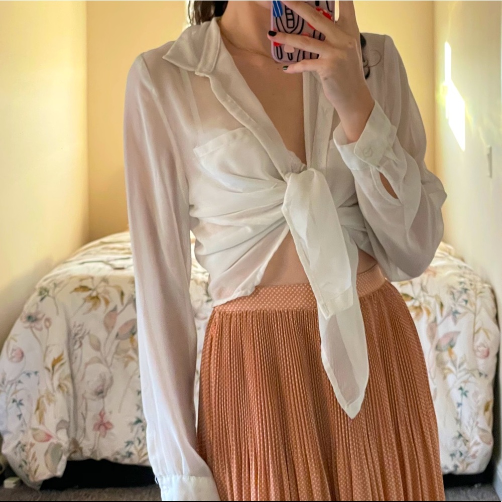 White see through button up shirt